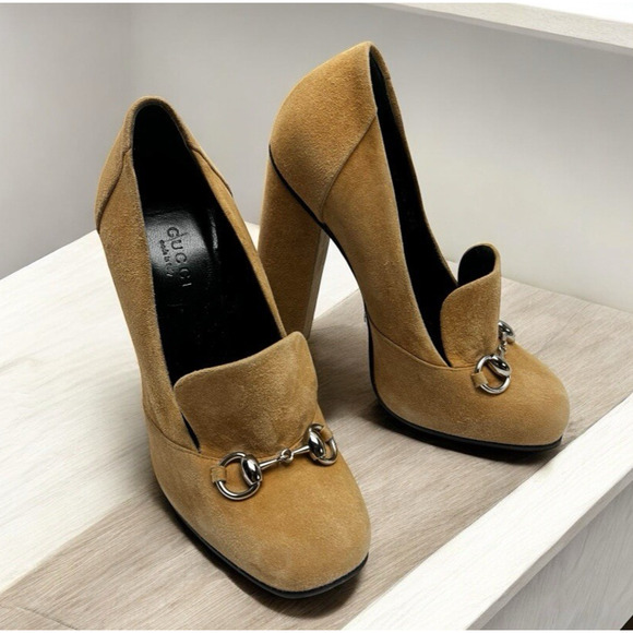 Gucci Camelia Suede Leather Beige Horse bit Block Heel Pumps Size 36.5 US 5.5 - Picture 1 of 11